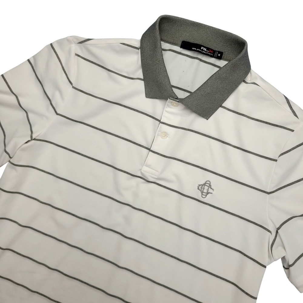 RLX Ralph Lauren Polo Shirt Mens M White Gray Stripe Golf Performance Logo Top